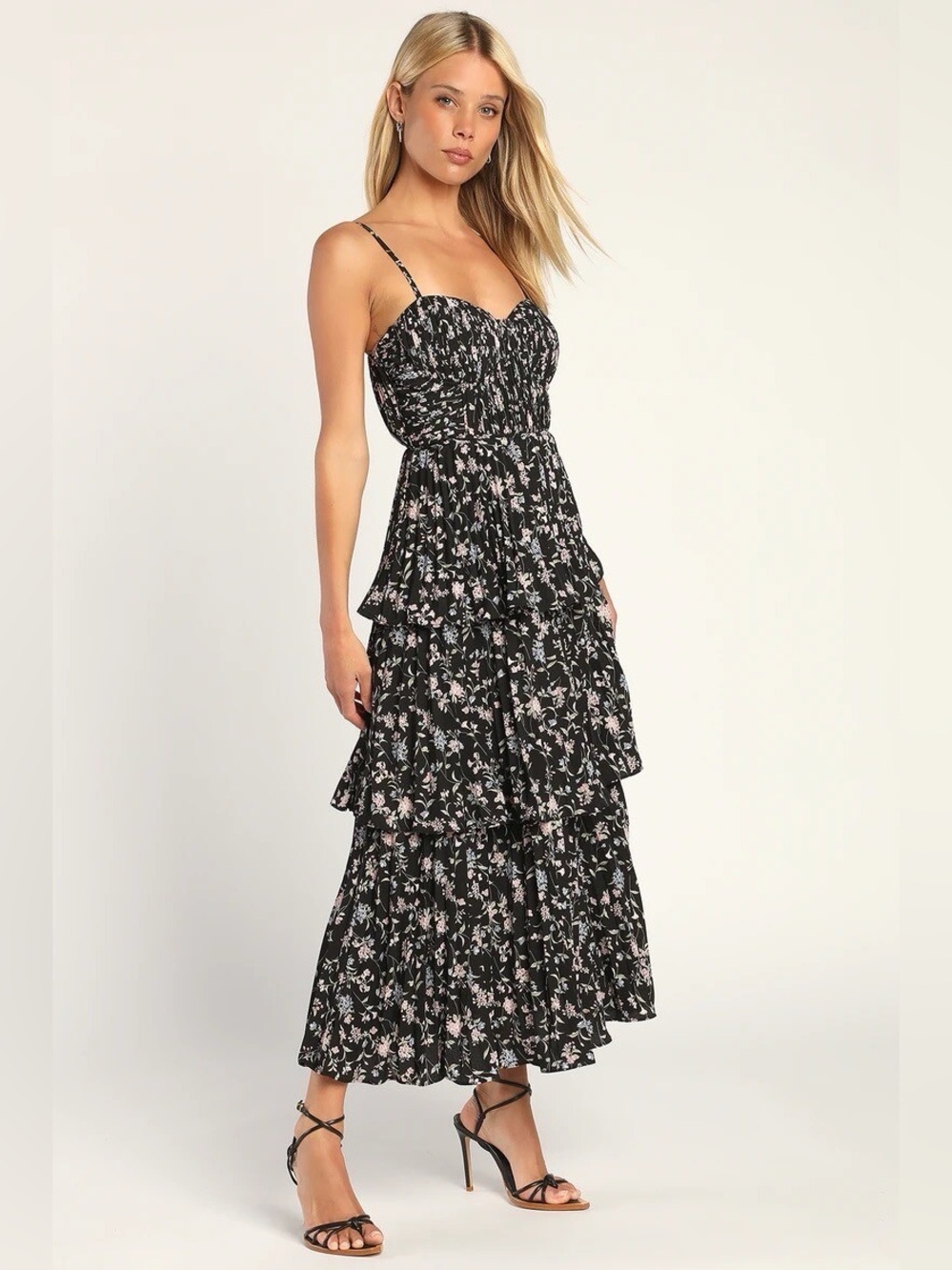 LULUS Cascading Crush Tiered Bustier Black Floral Print Maxi Midi Dress Size XS